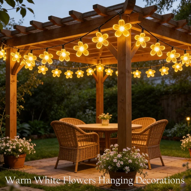 Alt view image 7 of 7 - 33ft 100 LED Outdoor Waterproof Solar Fairy Warm White Flower String Lights | Cherry Blossom Lights with 8 Modes for Garden, Fence, Yard, Balcony, Patio, Christmas Tree, Wedding, Party Hanging Decor