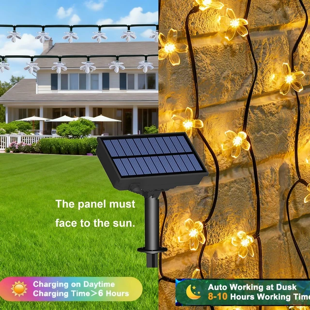 Alt view image 4 of 7 - 33ft 100 LED Outdoor Waterproof Solar Fairy Warm White Flower String Lights | Cherry Blossom Lights with 8 Modes for Garden, Fence, Yard, Balcony, Patio, Christmas Tree, Wedding, Party Hanging Decor