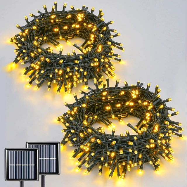 Main image of 2 Pack Warm White Solar String Lights Outdoor Waterproof, Each 33ft 100 LED Solar Christmas Lights, 8 Modes Green Wire Solar Twinkle Tree Lights for Outside