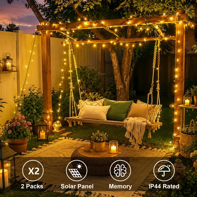 Alt view image 2 of 7 - 2 Pack Warm White Solar String Lights Outdoor Waterproof, Each 33ft 100 LED Solar Christmas Lights, 8 Modes Green Wire Solar Twinkle Tree Lights for Outside