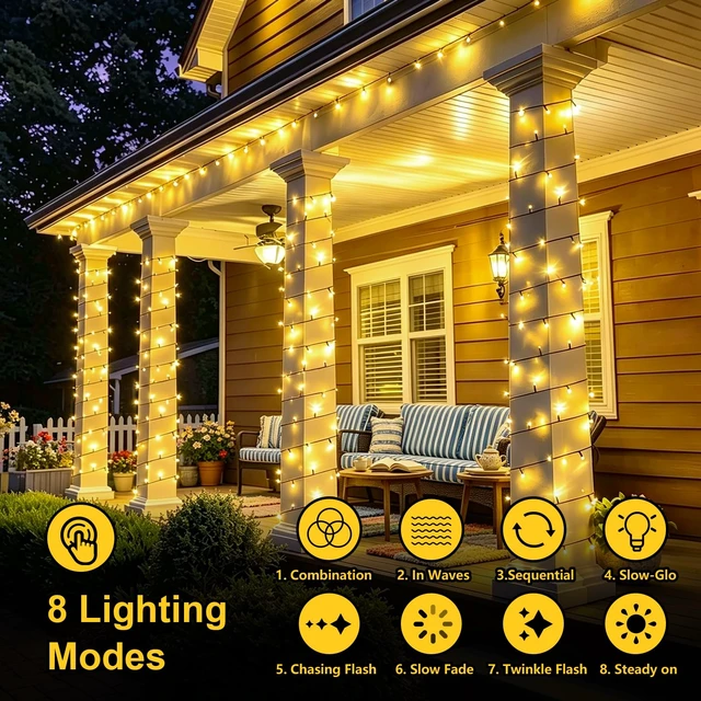 Alt view image 5 of 7 - 2 Pack Warm White Solar String Lights Outdoor Waterproof, Each 33ft 100 LED Solar Christmas Lights, 8 Modes Green Wire Solar Twinkle Tree Lights for Outside