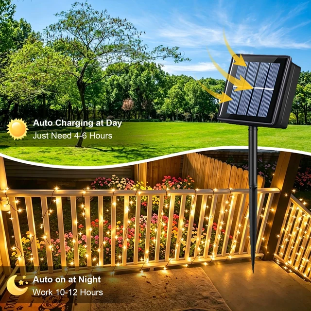 Alt view image 3 of 7 - 2 Pack Warm White Solar String Lights Outdoor Waterproof, Each 33ft 100 LED Solar Christmas Lights, 8 Modes Green Wire Solar Twinkle Tree Lights for Outside
