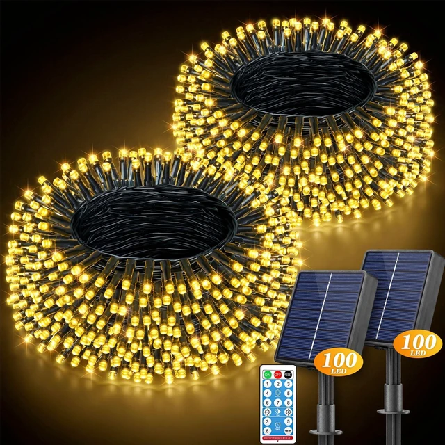 Main image of 2 Pack Solar String Lights Outdoor with Remote, Total 200LED 66FT | Solar Christmas Lights Outside Waterproof, 8 Modes String Light for Xmas Patio Garden Party Yard Tree Decor, Warm White