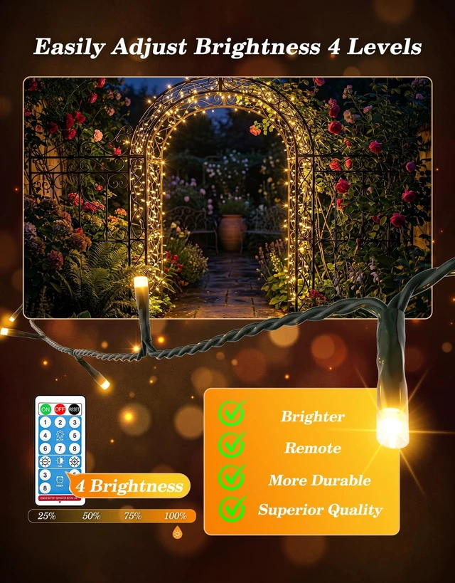 Alt view image 3 of 7 - 2 Pack Solar String Lights Outdoor with Remote, Total 200LED 66FT | Solar Christmas Lights Outside Waterproof, 8 Modes String Light for Xmas Patio Garden Party Yard Tree Decor, Warm White