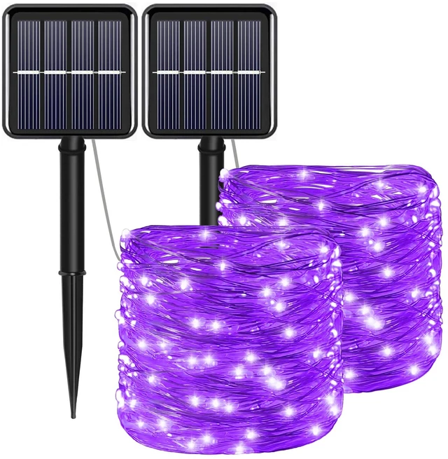 Main image of Solar Halloween Fairy String Lights, Purple 100Led Outdoor Decor | 2 Pack Total 200 LED 66FT IP67 Waterproof 8 Mode Copper Wire Lights, Outside Decorations for Tree, Garden, Patio, Fence, Lawn