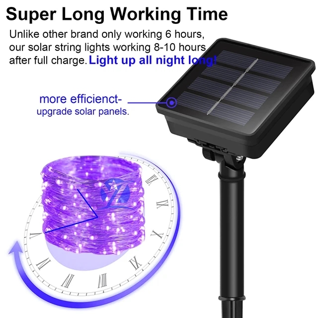 Alt view image 2 of 7 - Solar Halloween Fairy String Lights, Purple 100Led Outdoor Decor | 2 Pack Total 200 LED 66FT IP67 Waterproof 8 Mode Copper Wire Lights, Outside Decorations for Tree, Garden, Patio, Fence, Lawn