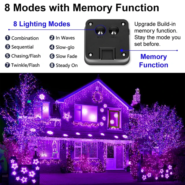Alt view image 4 of 7 - Solar Halloween Fairy String Lights, Purple 100Led Outdoor Decor | 2 Pack Total 200 LED 66FT IP67 Waterproof 8 Mode Copper Wire Lights, Outside Decorations for Tree, Garden, Patio, Fence, Lawn