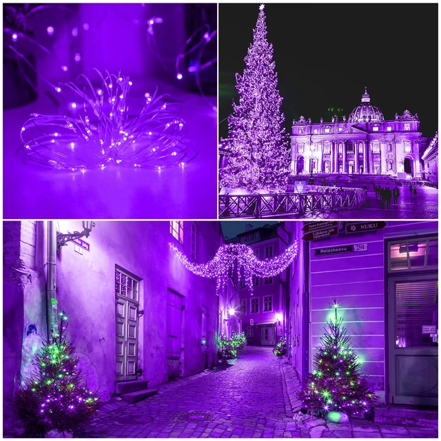 Alt view image 6 of 7 - Solar Halloween Fairy String Lights, Purple 100Led Outdoor Decor | 2 Pack Total 200 LED 66FT IP67 Waterproof 8 Mode Copper Wire Lights, Outside Decorations for Tree, Garden, Patio, Fence, Lawn