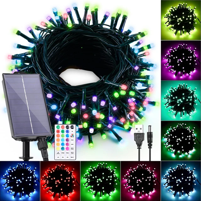 Main image of Solar String Lights Outdoor Waterproof 40Ft Color Changing with Remote | 18 Colors 100 LED Christmas Light Solar Powered & USB, RGB Fairy Lighting for Outside Tree Fence Party Indoor Halloween Decor