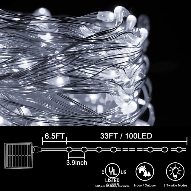 Alt view image 2 of 7 - Solar Fairy Lights Outdoor, 2Pack 200 LED 66FT White Twinkle Solar String Lights, 8 Modes Waterproof for Garden Tree Christmas Decorations