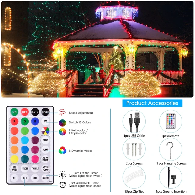 Alt view image 5 of 7 - Solar String Lights Outdoor Waterproof 40Ft Color Changing with Remote | 18 Colors 100 LED Christmas Light Solar Powered & USB, RGB Fairy Lighting for Outside Tree Fence Party Indoor Halloween Decor