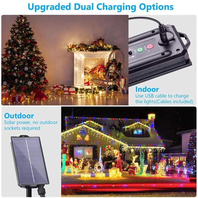 Alt view image 7 of 7 - Solar String Lights Outdoor Waterproof 40Ft Color Changing with Remote | 18 Colors 100 LED Christmas Light Solar Powered & USB, RGB Fairy Lighting for Outside Tree Fence Party Indoor Halloween Decor