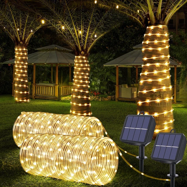 Main image of Solar Rope Lights, 2 Pack Total 66ft 200LED Solar String Lights, 8 Modes | Waterproof Solar Outdoor Light, Flexible Clear Trampoline Light for Garden Yard Patio Deck Porch Pool Tree Decor - Warm White