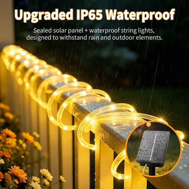 Alt view image 3 of 7 - Solar Rope Lights Outdoor Waterproof 33FT 100LED with Timer, Upgraded Solar Panel with Higher Conversion Rate & Waterproof Ring, Solar String Lights 8 Lighting Modes for Patio Garden Yard Decorations