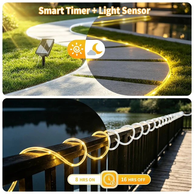 Alt view image 4 of 7 - Solar Rope Lights Outdoor Waterproof 33FT 100LED with Timer, Upgraded Solar Panel with Higher Conversion Rate & Waterproof Ring, Solar String Lights 8 Lighting Modes for Patio Garden Yard Decorations