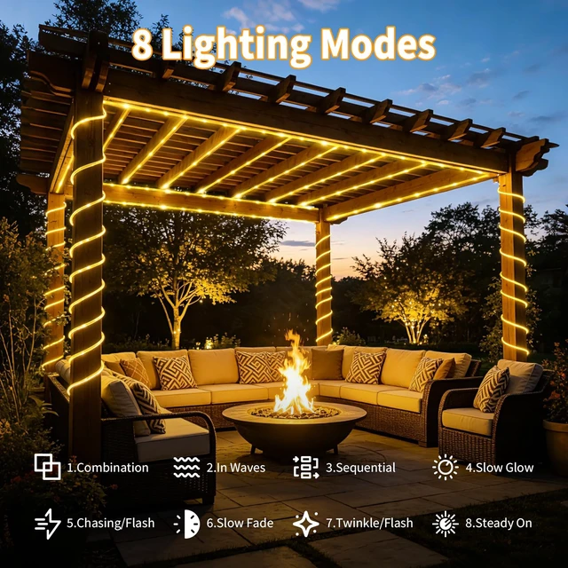 Alt view image 5 of 7 - Solar Rope Lights Outdoor Waterproof 33FT 100LED with Timer, Upgraded Solar Panel with Higher Conversion Rate & Waterproof Ring, Solar String Lights 8 Lighting Modes for Patio Garden Yard Decorations