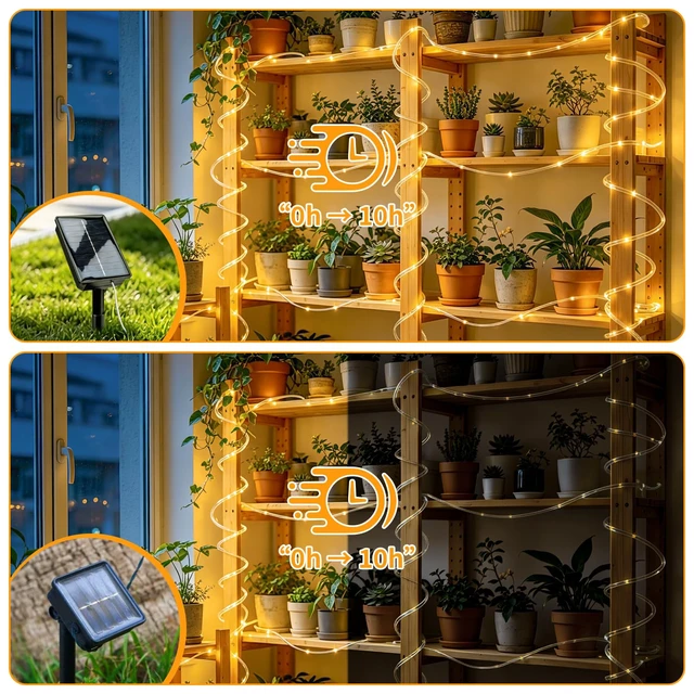 Alt view image 6 of 7 - Solar Rope Lights Outdoor Waterproof 33FT 100LED with Timer, Upgraded Solar Panel with Higher Conversion Rate & Waterproof Ring, Solar String Lights 8 Lighting Modes for Patio Garden Yard Decorations