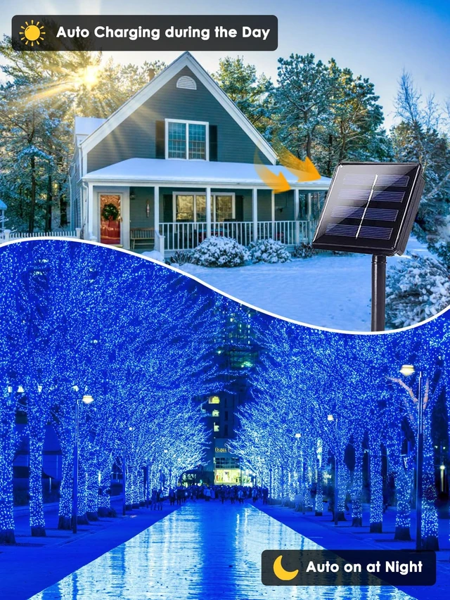 Alt view image 2 of 7 - Solar String Lights Outdoor 2 Pack 200 LED 66FT Christmas Lights Blue | 8 Lighting Modes, Memory Function, Auto On/Off, IP65 Waterproof Twinkle Lights for Outside Patio Yard Xmas Tree Decorations