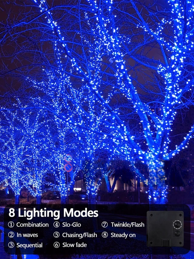 Alt view image 7 of 7 - Solar String Lights Outdoor 2 Pack 200 LED 66FT Christmas Lights Blue | 8 Lighting Modes, Memory Function, Auto On/Off, IP65 Waterproof Twinkle Lights for Outside Patio Yard Xmas Tree Decorations
