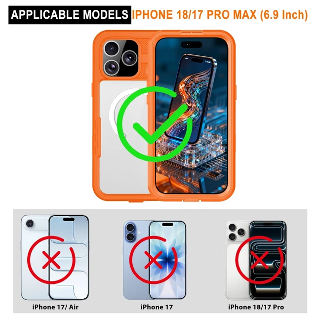 Alt view image 2 of 7 - for iPhone 18/17 Pro Max Case, IP68 Waterproof Protective Cover | Built-in Screen & Camera Protector, MagSafe Compatible Shockproof Military Armor for Swimming & Outdoor (Orange)