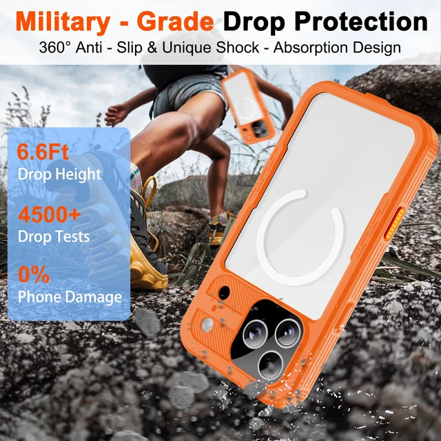 Alt view image 4 of 7 - for iPhone 18/17 Pro Max Case, IP68 Waterproof Protective Cover | Built-in Screen & Camera Protector, MagSafe Compatible Shockproof Military Armor for Swimming & Outdoor (Orange)