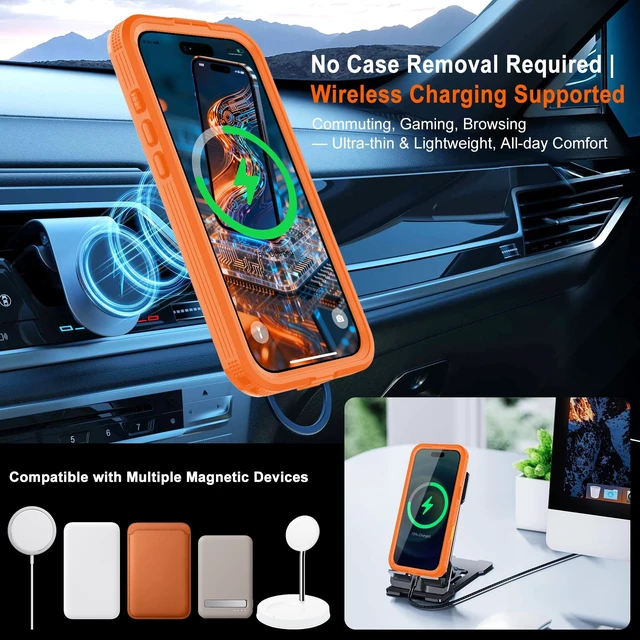 Alt view image 6 of 7 - for iPhone 18/17 Pro Max Case, IP68 Waterproof Protective Cover | Built-in Screen & Camera Protector, MagSafe Compatible Shockproof Military Armor for Swimming & Outdoor (Orange)
