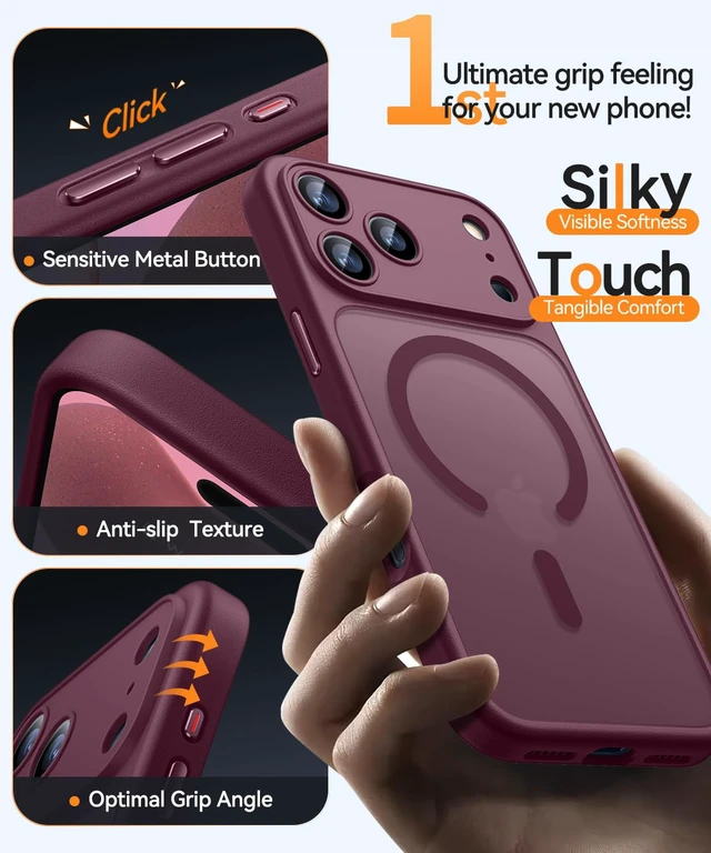 Alt view image 5 of 7 - Magnetic Shockproof for iPhone 18 Pro Case, Burgundy Red | Full Camera Protection, Compatible with MagSafe, Translucent Matte, Military-Grade Protection, Scratch Resistant, Slim Fit