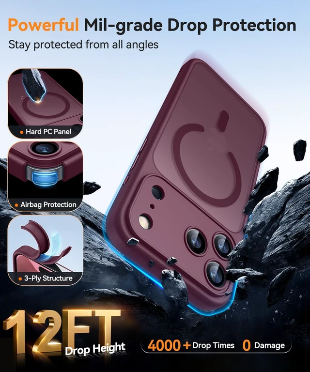 Alt view image 6 of 7 - Magnetic Shockproof for iPhone 18 Pro Case, Burgundy Red | Full Camera Protection, Compatible with MagSafe, Translucent Matte, Military-Grade Protection, Scratch Resistant, Slim Fit