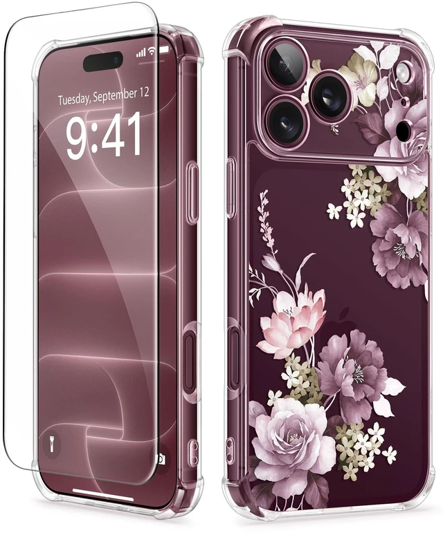 Main image of for iPhone 18 Pro Case/17 Pro Case Floral Clear Slim Women | Non-Yellowing, Screen Protector+Full Camera Protection, Shockproof Protective Case for 18/17 Pro, Cherry Blossoms/Purple