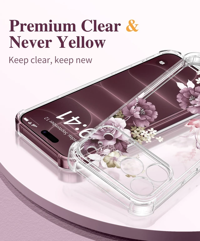 Alt view image 3 of 7 - for iPhone 18 Pro Case/17 Pro Case Floral Clear Slim Women | Non-Yellowing, Screen Protector+Full Camera Protection, Shockproof Protective Case for 18/17 Pro, Cherry Blossoms/Purple