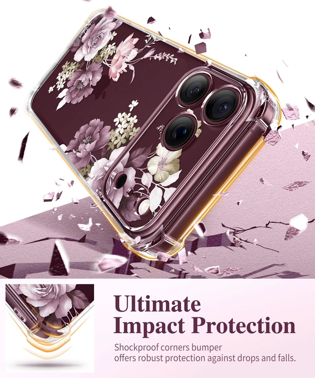 Alt view image 4 of 7 - for iPhone 18 Pro Case/17 Pro Case Floral Clear Slim Women | Non-Yellowing, Screen Protector+Full Camera Protection, Shockproof Protective Case for 18/17 Pro, Cherry Blossoms/Purple