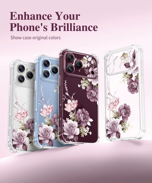Alt view image 5 of 7 - for iPhone 18 Pro Case/17 Pro Case Floral Clear Slim Women | Non-Yellowing, Screen Protector+Full Camera Protection, Shockproof Protective Case for 18/17 Pro, Cherry Blossoms/Purple