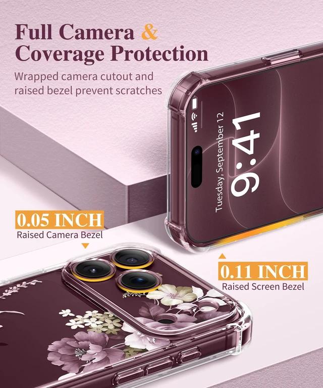 Alt view image 6 of 7 - for iPhone 18 Pro Case/17 Pro Case Floral Clear Slim Women | Non-Yellowing, Screen Protector+Full Camera Protection, Shockproof Protective Case for 18/17 Pro, Cherry Blossoms/Purple