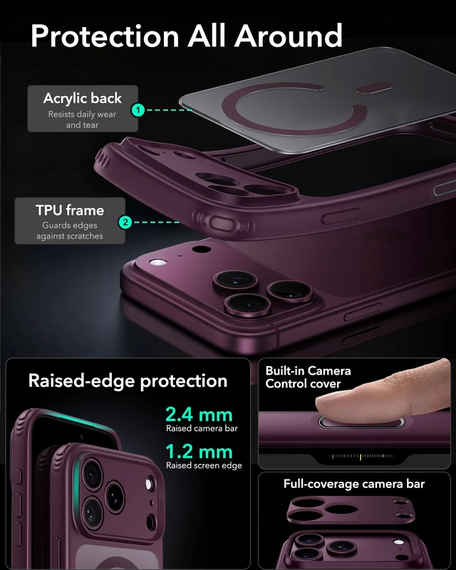 Alt view image 4 of 6 - Classic Hybrid for iPhone 18 Pro/17 Pro Case, Frosted Burgundy | Long-Lasting Anti-Yellowing, Ultra-Thin, Compatible with MagSafe, 3X Military-Grade Protection, Camera Control