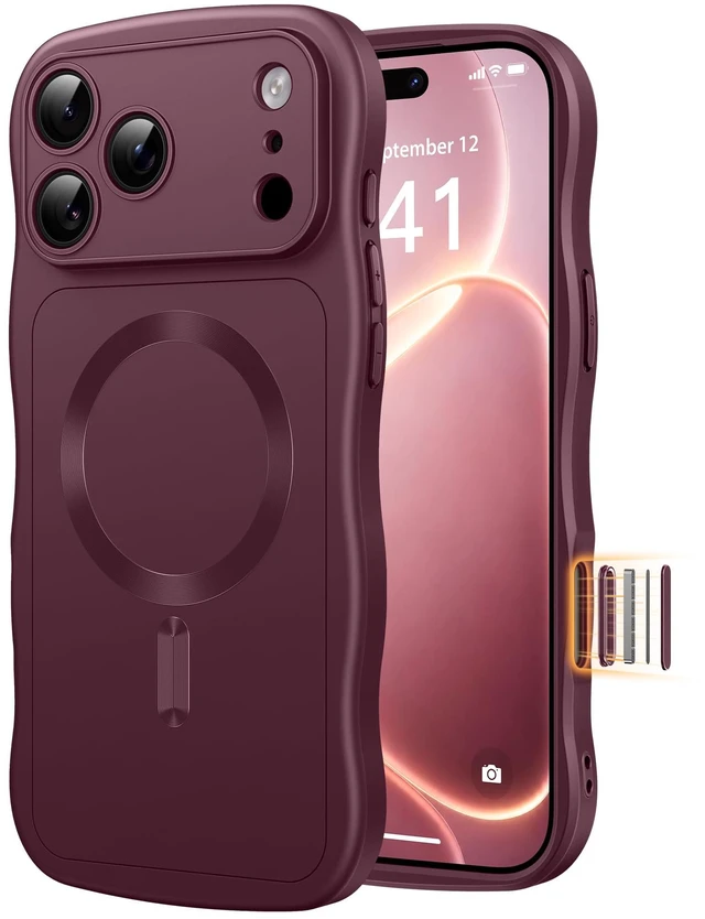 Main image of Magnetic for iPhone 18 Pro Case/iPhone 17 Pro Case Wave | Full Camera Protection, Compatible with MagSafe, Military-Grade Drop Protection, Cute Wave Frame, Burgundy