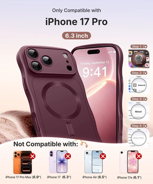 Alt view image 2 of 7 - Magnetic for iPhone 18 Pro Case/iPhone 17 Pro Case Wave | Full Camera Protection, Compatible with MagSafe, Military-Grade Drop Protection, Cute Wave Frame, Burgundy
