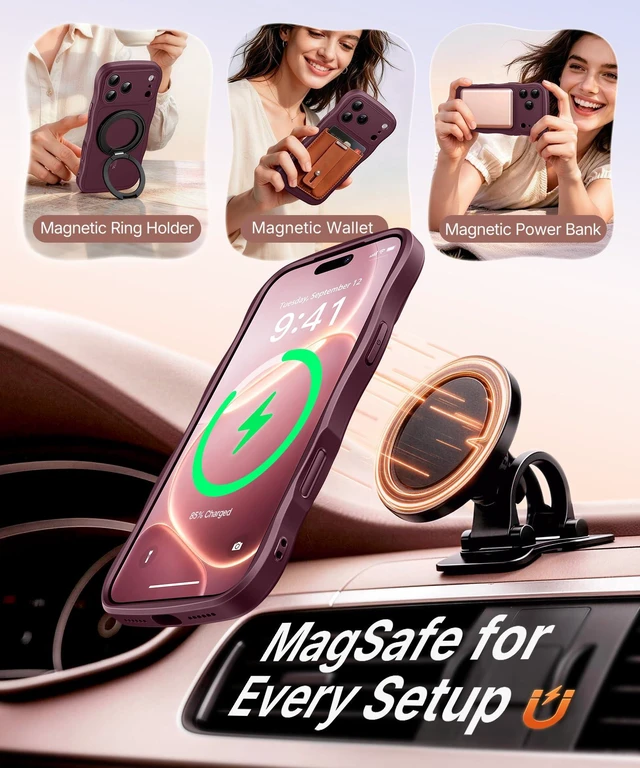 Alt view image 3 of 7 - Magnetic for iPhone 18 Pro Case/iPhone 17 Pro Case Wave | Full Camera Protection, Compatible with MagSafe, Military-Grade Drop Protection, Cute Wave Frame, Burgundy
