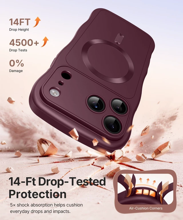 Alt view image 6 of 7 - Magnetic for iPhone 18 Pro Case/iPhone 17 Pro Case Wave | Full Camera Protection, Compatible with MagSafe, Military-Grade Drop Protection, Cute Wave Frame, Burgundy