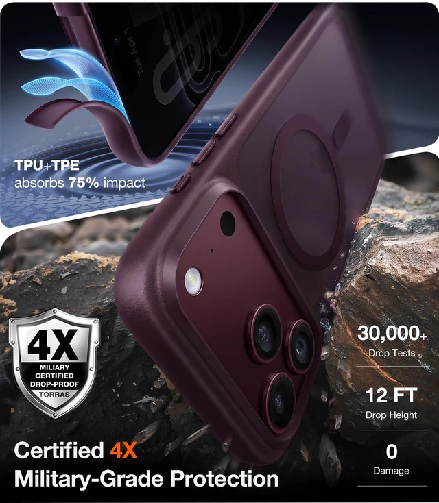 Alt view image 4 of 7 - Stronger Magnetic Shockproof for iPhone 18 Pro Case, Purple | Fit for MagSafe, Military Grade Protection, Camera Control, DIY Button, Premium Feel, Translucent Slim Case, Burgundy