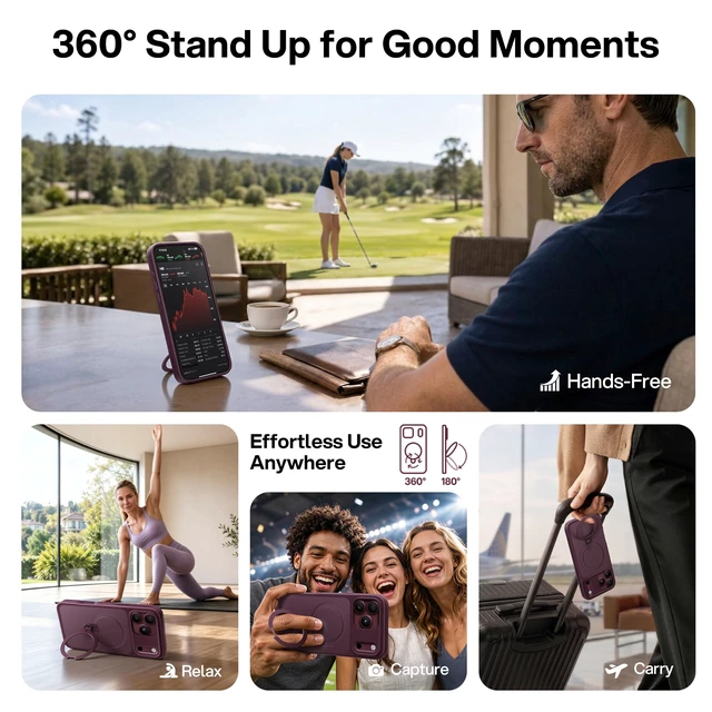 Alt view image 3 of 7 - Burgundy for iPhone 18 Pro Case with 360 Spin Magnetic Stand | Fit for MagSafe, Patented Stand, Drop Protection, Shockproof Ring Holder Matte 18 Pro Case 6.3'', Hands-Free Viewing, Travel