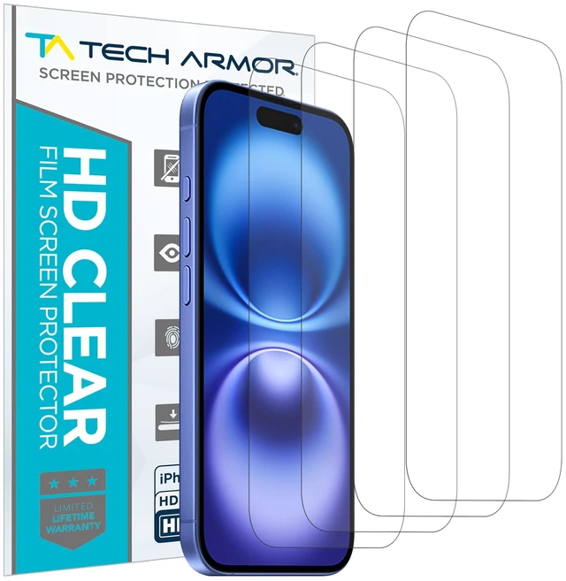 Main image of Screen Protector for iPhone 16, HD PET Film, 4-Pack | Flexible Plastic Build, Crystal-clear display, Scratch-resistant coating, Case-friendly, Bubble-free apply, Touch-sensitive