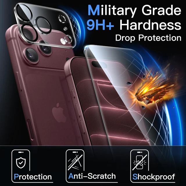 Alt view image 3 of 7 - Screen Protector + Camera Lens Protector for iPhone 18 Pro, 2+2 Pack | Scratch Resistant, 9H+ Tempered Glass Film, Anti-Fingerprint, High Clarity, Easy Installation