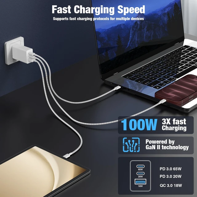 Alt view image 3 of 7 - 65W Fast Charging for iPhone Duo 18 17 16 Pro Max,3 Port 100W USB C Charger Block & 3/6/10/10FT Braided Type C Cord for iPhone 17 16 15 Pro/MacBook Air/iPhone 18 Pro/for Samsung S26 Ultra