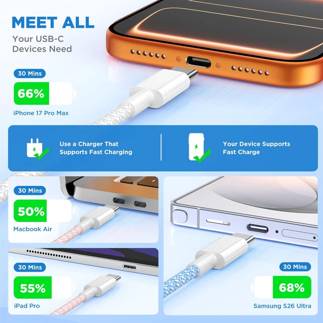Alt view image 4 of 7 - 10FT USB C to C Fast Charger Cord for iPhone 18 17 16 15,60W Long Heavy Duty Braided Apple C to C Cable Fast Charging for iPhone 18 Pro Max/iPhone Duo/17 16 15 Pro,15 Plus/iPad Pro 10 inch-Colorful