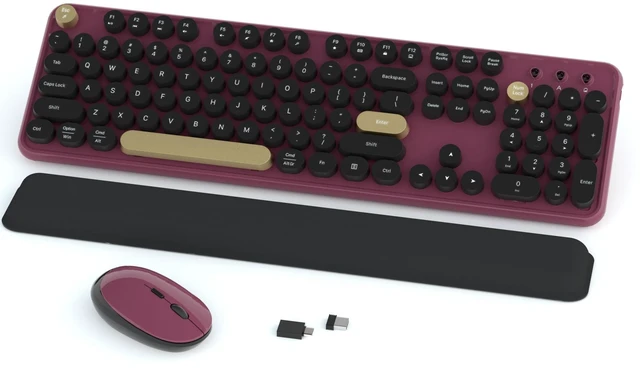 Main image of Ergonomic Wireless Keyboard and Mouse Combo (Burgundy-Black) | Full Size Retro Round Typewriter Style Keyboard with Wrist Rest, Smart Sleep Mode, 2.4GHz Wireless for Windows and Mac