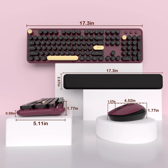 Alt view image 3 of 6 - Ergonomic Wireless Keyboard and Mouse Combo (Burgundy-Black) | Full Size Retro Round Typewriter Style Keyboard with Wrist Rest, Smart Sleep Mode, 2.4GHz Wireless for Windows and Mac