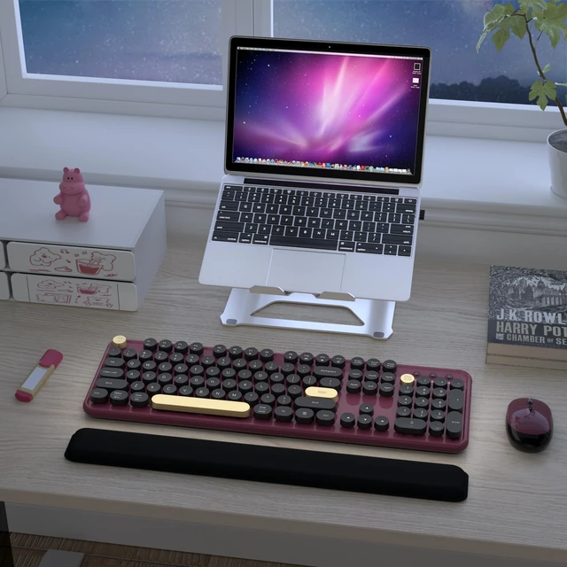 Alt view image 2 of 6 - Ergonomic Wireless Keyboard and Mouse Combo (Burgundy-Black) | Full Size Retro Round Typewriter Style Keyboard with Wrist Rest, Smart Sleep Mode, 2.4GHz Wireless for Windows and Mac