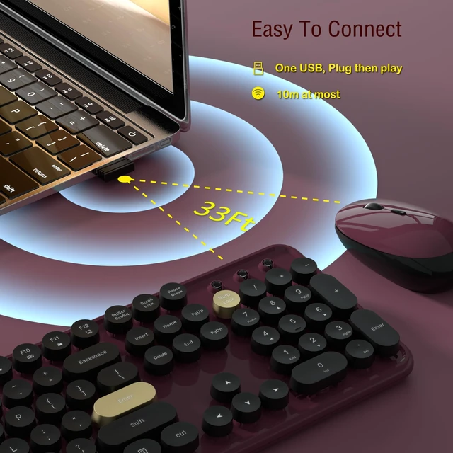 Alt view image 4 of 6 - Ergonomic Wireless Keyboard and Mouse Combo (Burgundy-Black) | Full Size Retro Round Typewriter Style Keyboard with Wrist Rest, Smart Sleep Mode, 2.4GHz Wireless for Windows and Mac