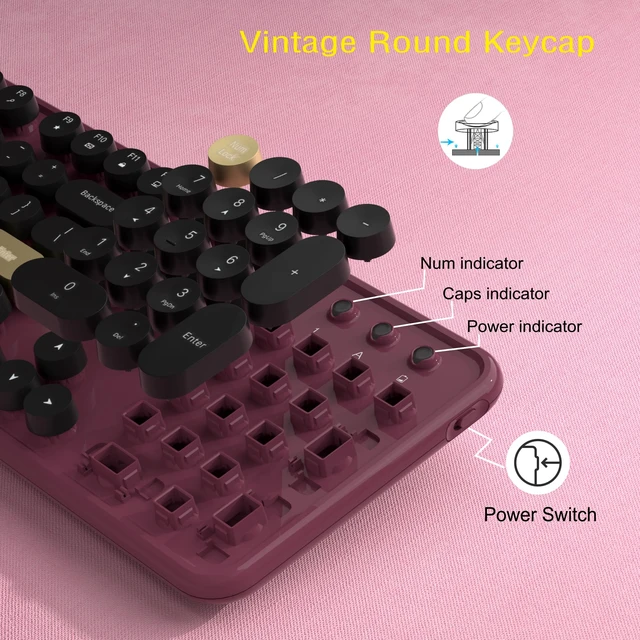 Alt view image 5 of 6 - Ergonomic Wireless Keyboard and Mouse Combo (Burgundy-Black) | Full Size Retro Round Typewriter Style Keyboard with Wrist Rest, Smart Sleep Mode, 2.4GHz Wireless for Windows and Mac