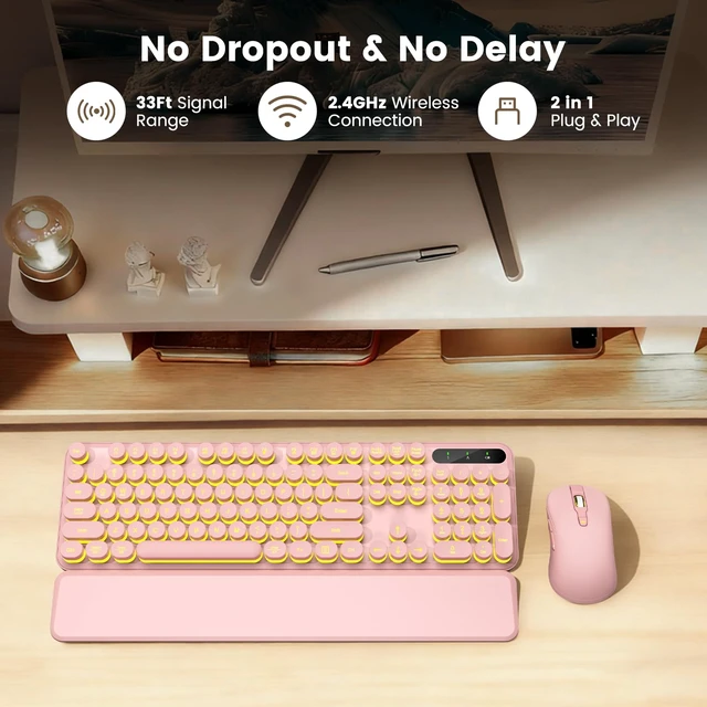Alt view image 6 of 7 - Wireless Keyboard and Mouse Combo, Round Backlit Keycaps, Retro Typewriter Keyboard with Detachable Wrist Rest, Rechargeable & Tilt Legs, 2.4GHz Cordless Connection for Windows/PC (Glowing Pink)